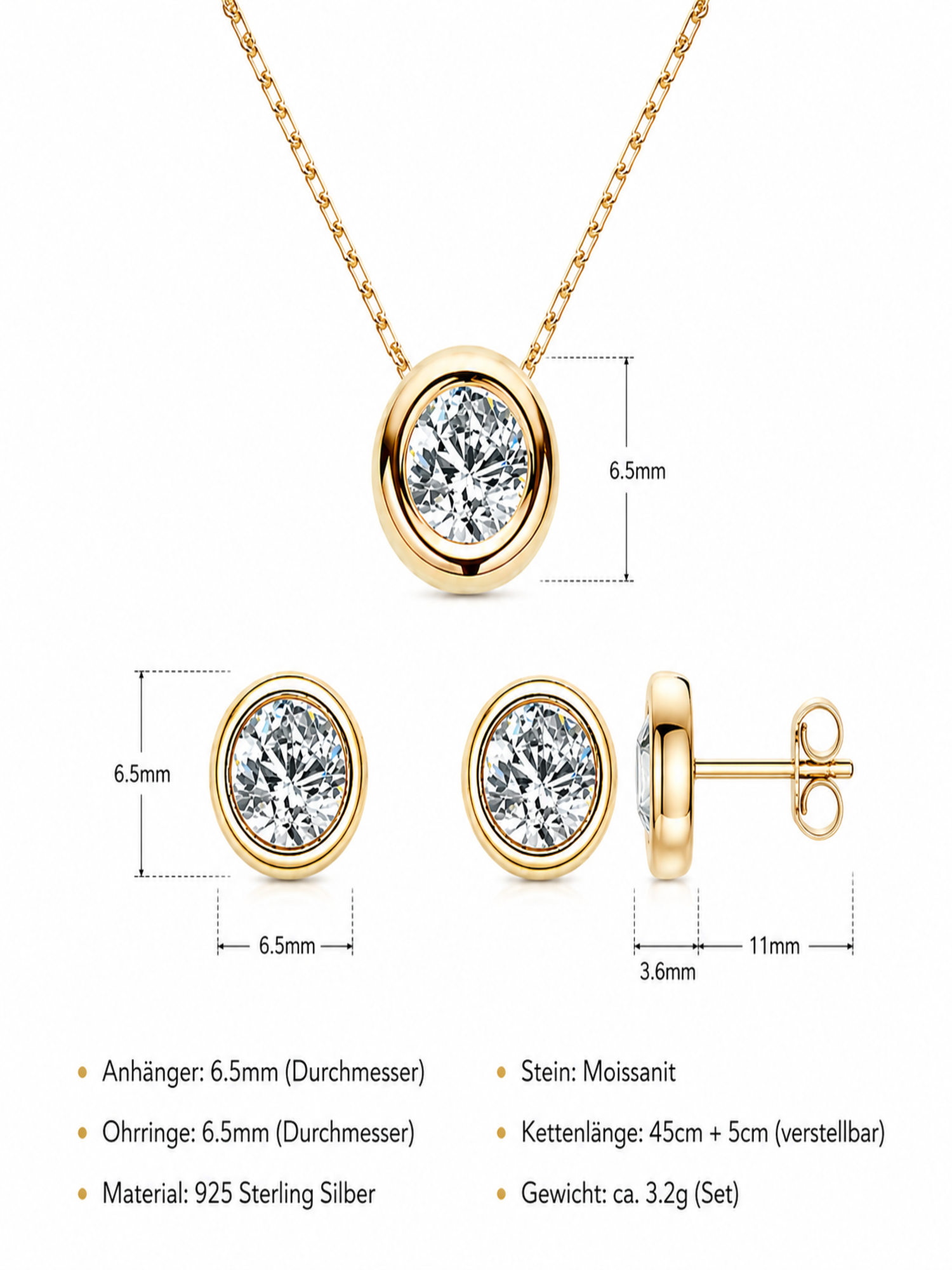 Moissanit Damen Schmuckset 925 sterling Silber 18K Gold 